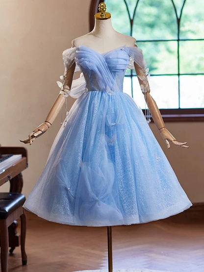 Fairy Sweetheart Beaded Off Shoulder Blue Tulle Short Prom Dress Homecoming Dress DP413