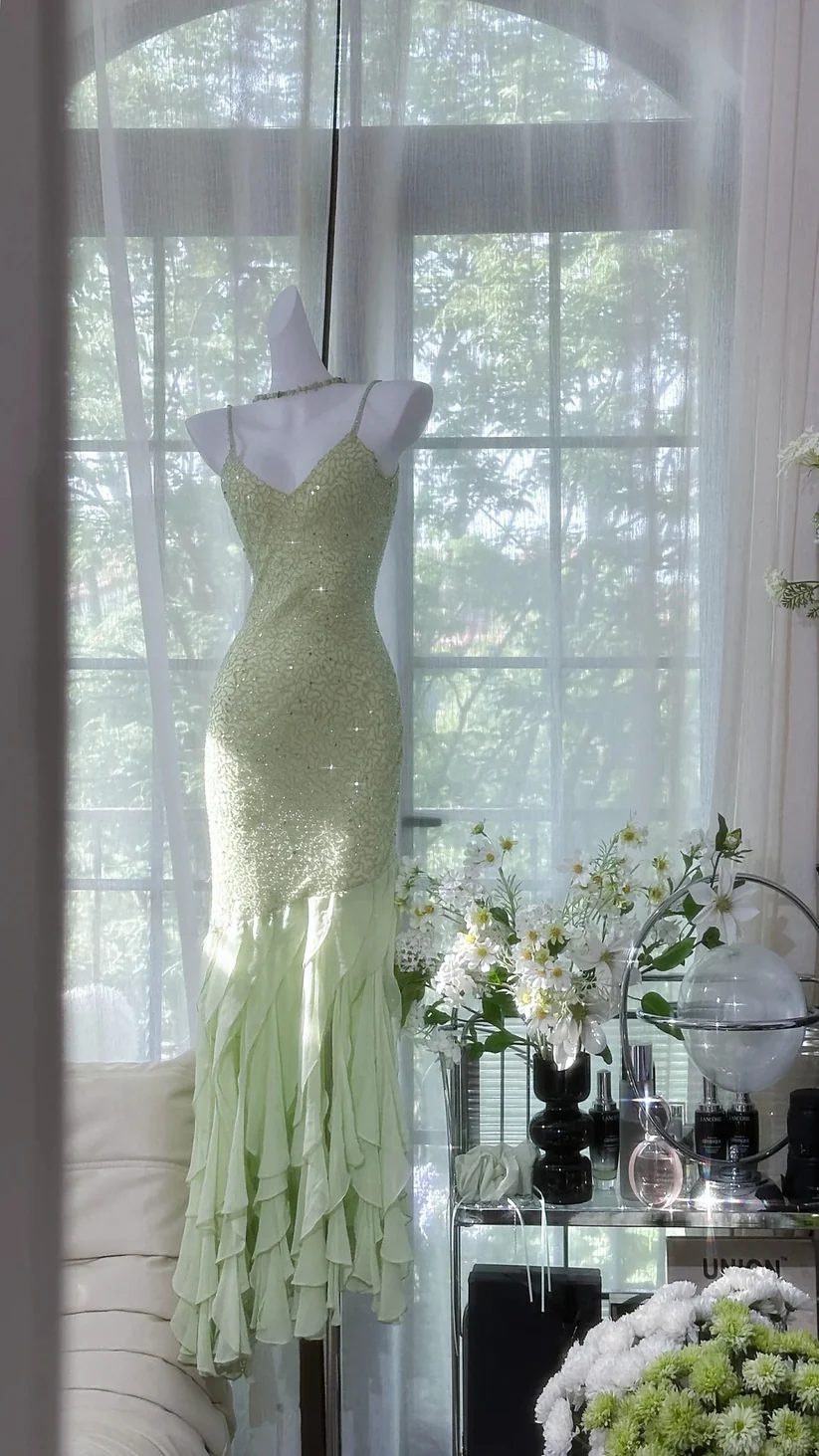 Exquisite Beaded Light Green Mermaid Ruffle Chiffon Prom Dress Date Dress Evening Dress DP2905