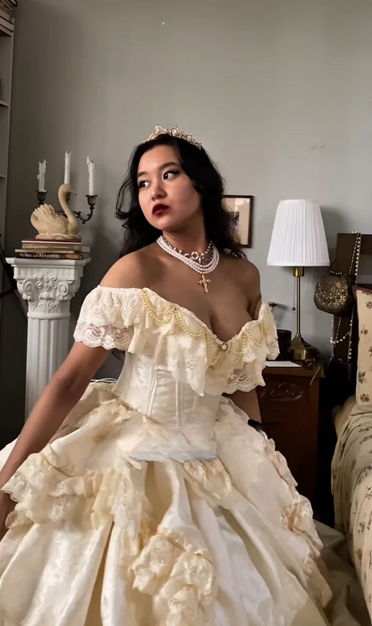 Apricot Ball Gown Off the Shoulder Layered Lace Satin 16th Birthday Dress Quinceanera Dress DP4439