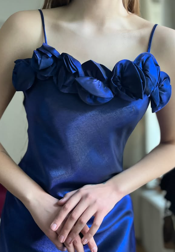 Dazzling Navy Blue A Line Straps Floral Satin Prom Dress Evening Dress Date Dress DP5703