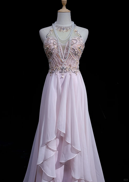 Elegant A Line Round Neck Beaded Pink Chiffon Long Open Back Prom Dress Party Dress DP2769