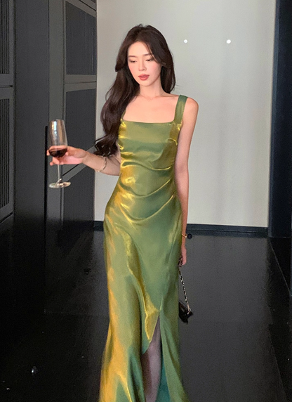 Stunning Green Mermaid Straps Pleated Satin Prom Dress Formal Dress Evening Dress DP3453