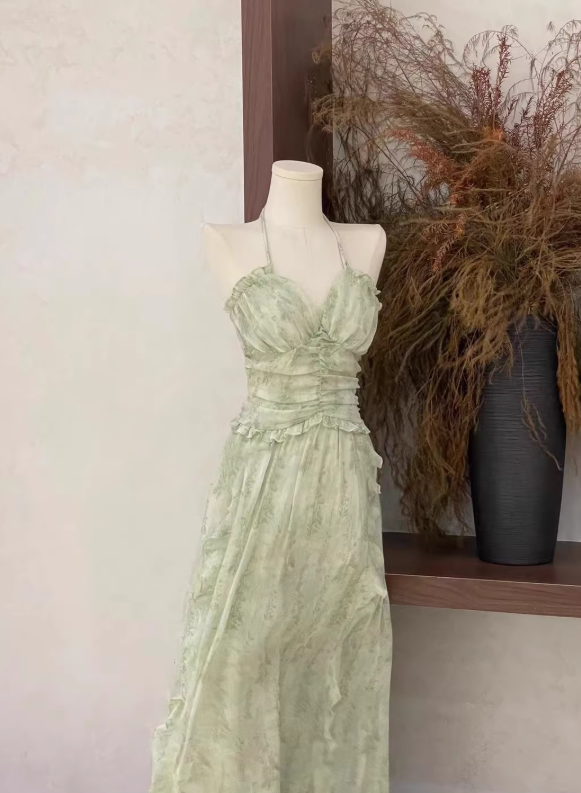 Light Green A Line Halter Print Floral Chiffon Prom Dress Outfits DP4711