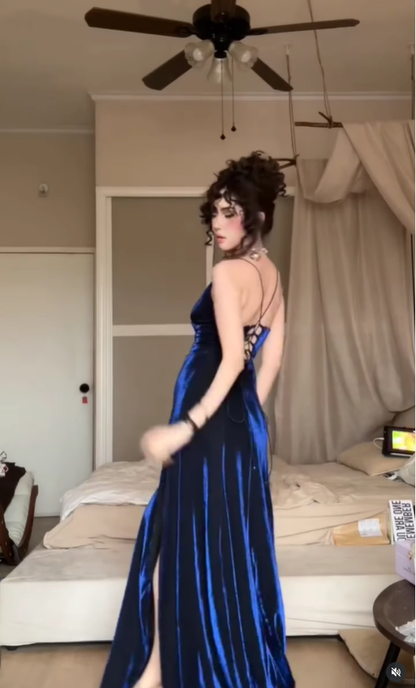 Navy Blue Mermaid Spaghetti Strap Velvet Prom Dress with Slit DP4363