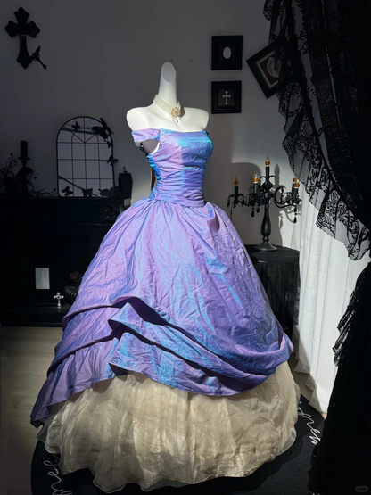 Vintage Ball Gown Off the Shoulder Purple Satin Prom Dress Quinceanera Dress DP6963