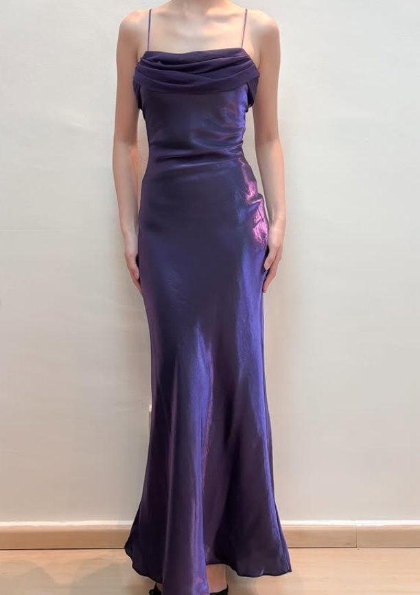 Vintage Dark Purple Simple Sheath Chiffon Satin Prom Dress Evening Dress Date Dress DP5279