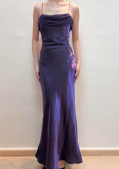 Vintage Dark Purple Simple Sheath Chiffon Satin Prom Dress Evening Dress Date Dress DP5279