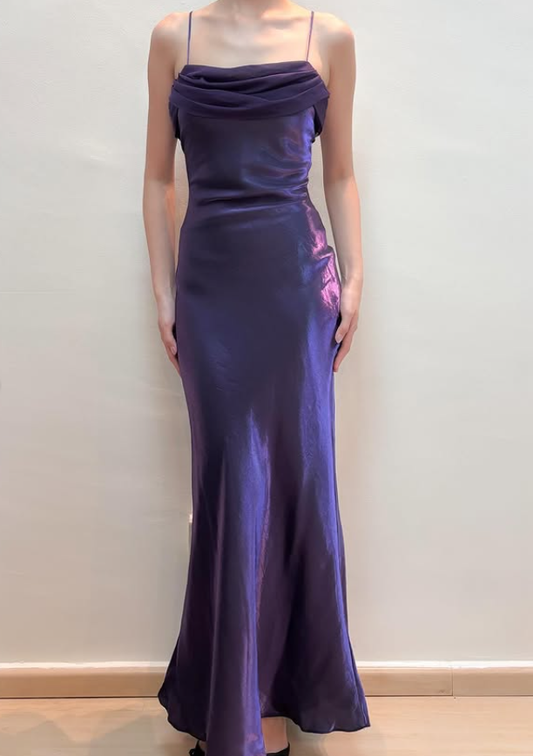 Vintage Dark Purple Simple Sheath Chiffon Satin Prom Dress Evening Dress Date Dress DP5279