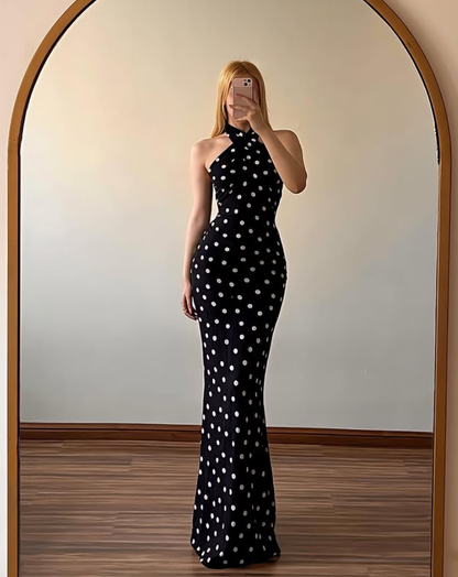 Polka Dot Sheath Halter Chiffon Backless Long Prom Dress Evening Dress DP6515
