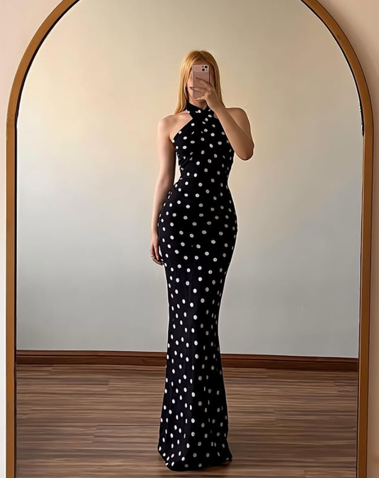 Polka Dot Sheath Halter Chiffon Backless Long Prom Dress Evening Dress DP6515