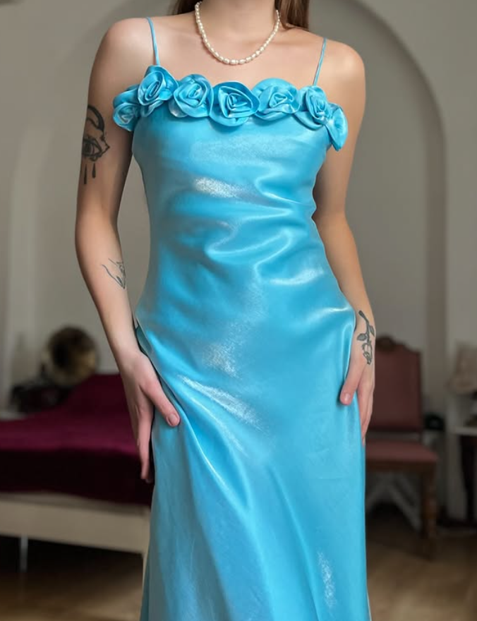 Dazzling Blue A Line Straps Floral Satin Prom Dress Evening Dress Date Dress DP5710