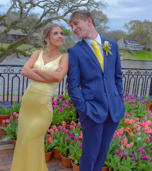 Simple Mermaid V Neck Yellow Satin Open Back Long Prom Dress Evening Dress DP1552