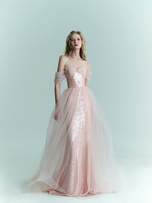 Shiny Pink Mermaid Off the Shoulder Tulle Sequin Party Dress Prom Dress Formal Gown DP3725