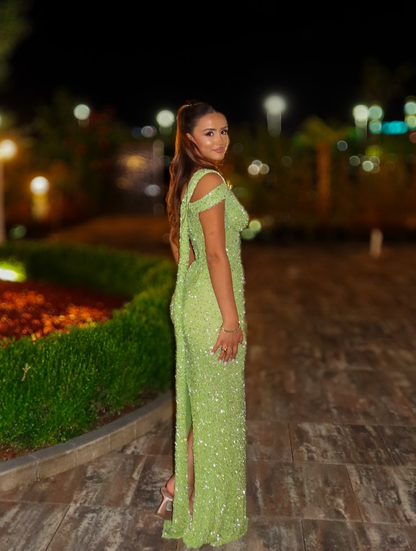 Shiny Green Sheath One Shoulder Beaded Sequin Long Prom Dresses DP4622