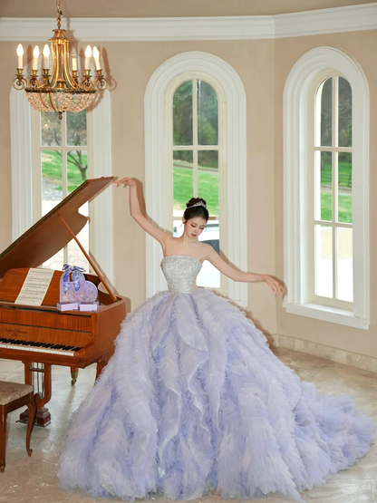 Gorgeous Ball Gown Strapless Silver Sequin Purple Tulle Long Party Dress Prom Dress DP2505