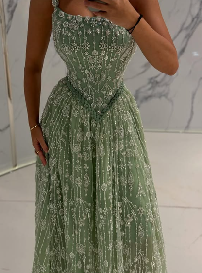 Glamour Green A Line Straps Shiny Beaded Tulle Long Prom Dress Evening Dress DP6060