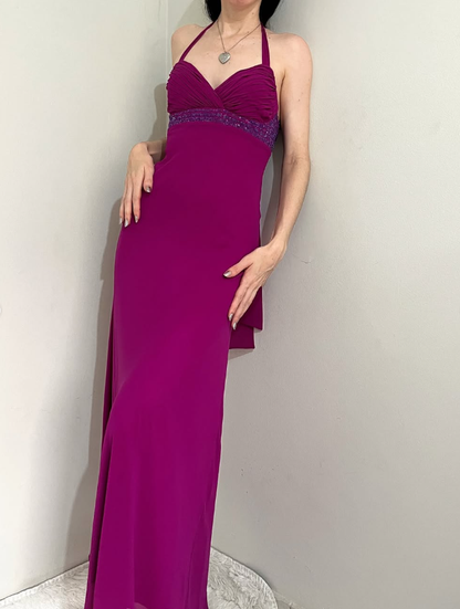 Vintage Sheath Halter Beaded Dark Purple Chiffon Open Back Party Dress Evening Dress DP2367