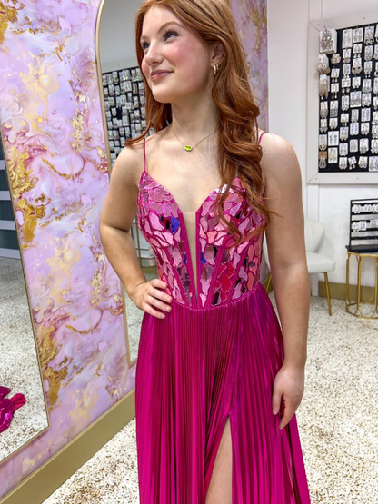 Hot Pink A Line Spaghetti Strap Beaded Satin Long Prom Dress Evening Dress with Slit DP6577