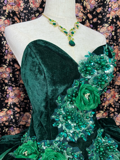 Vintage Green Ball Gown Beaded Velvet Tulle Prom Dress Sweet 16 Dress DP5651