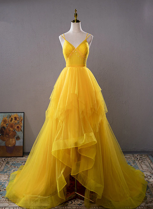 Yellow V Neck Tulle Beaded Long Prom Dress Evening Dress DP640