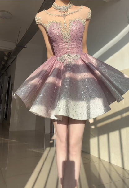Cute Pink Ombre A Line Beaded Sequin Short Prom Dress Homecoming Dress DP4558