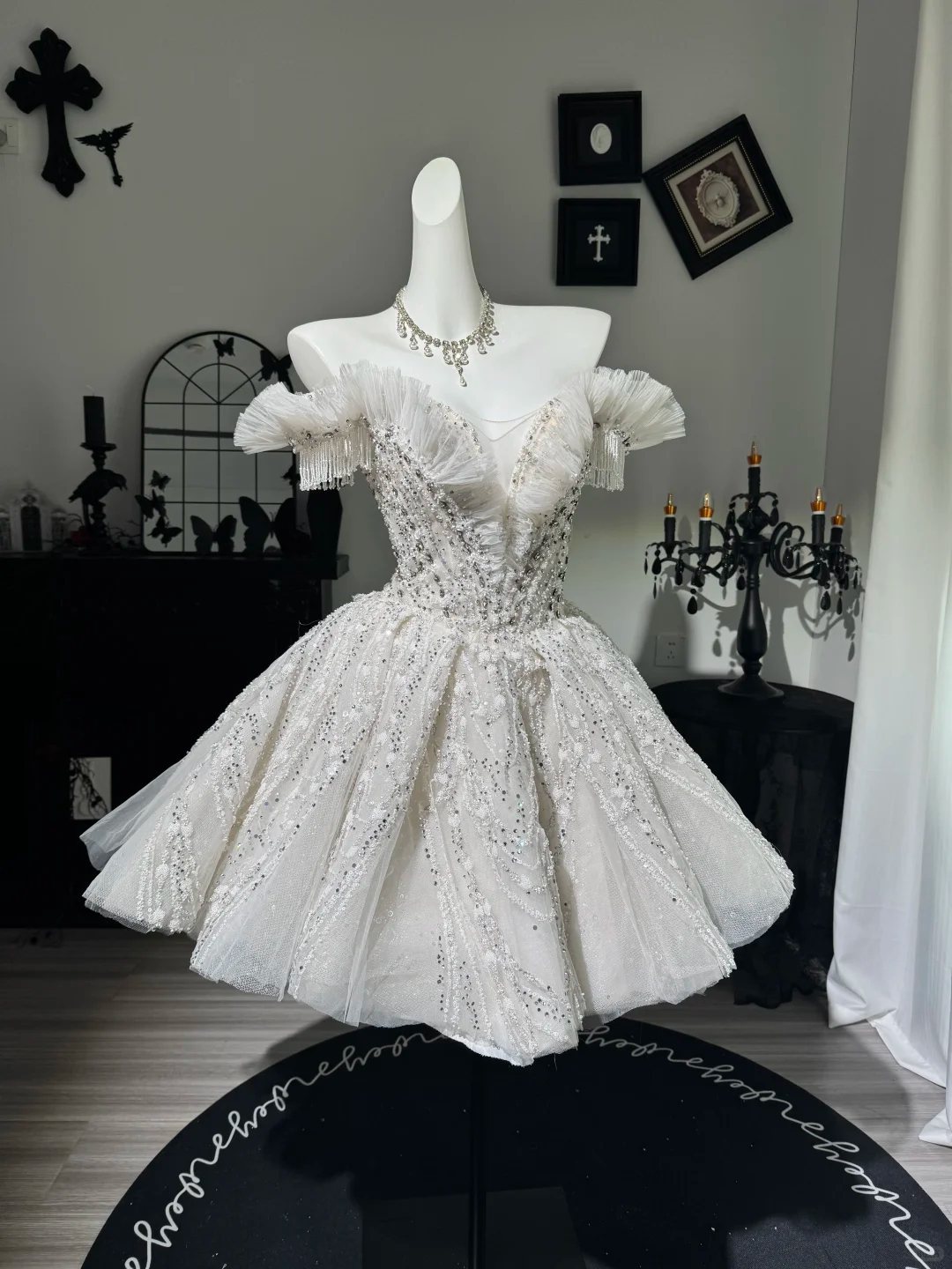 Glamorous A Line Off the Shoulder Beaded Tulle Short Prom Dress Homecoming Dress DP6975