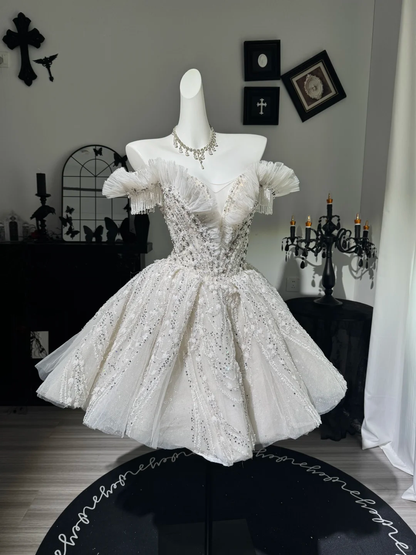 Glamorous A Line Off the Shoulder Beaded Tulle Short Prom Dress Homecoming Dress DP6975