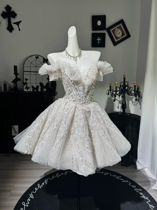 Glamorous A Line Off the Shoulder Beaded Tulle Short Prom Dress Homecoming Dress DP6975