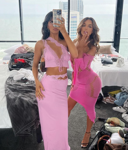 Sexy Sheath Two Piece Pink Lace Satin Long Prom Dress Evening Dress DP1478