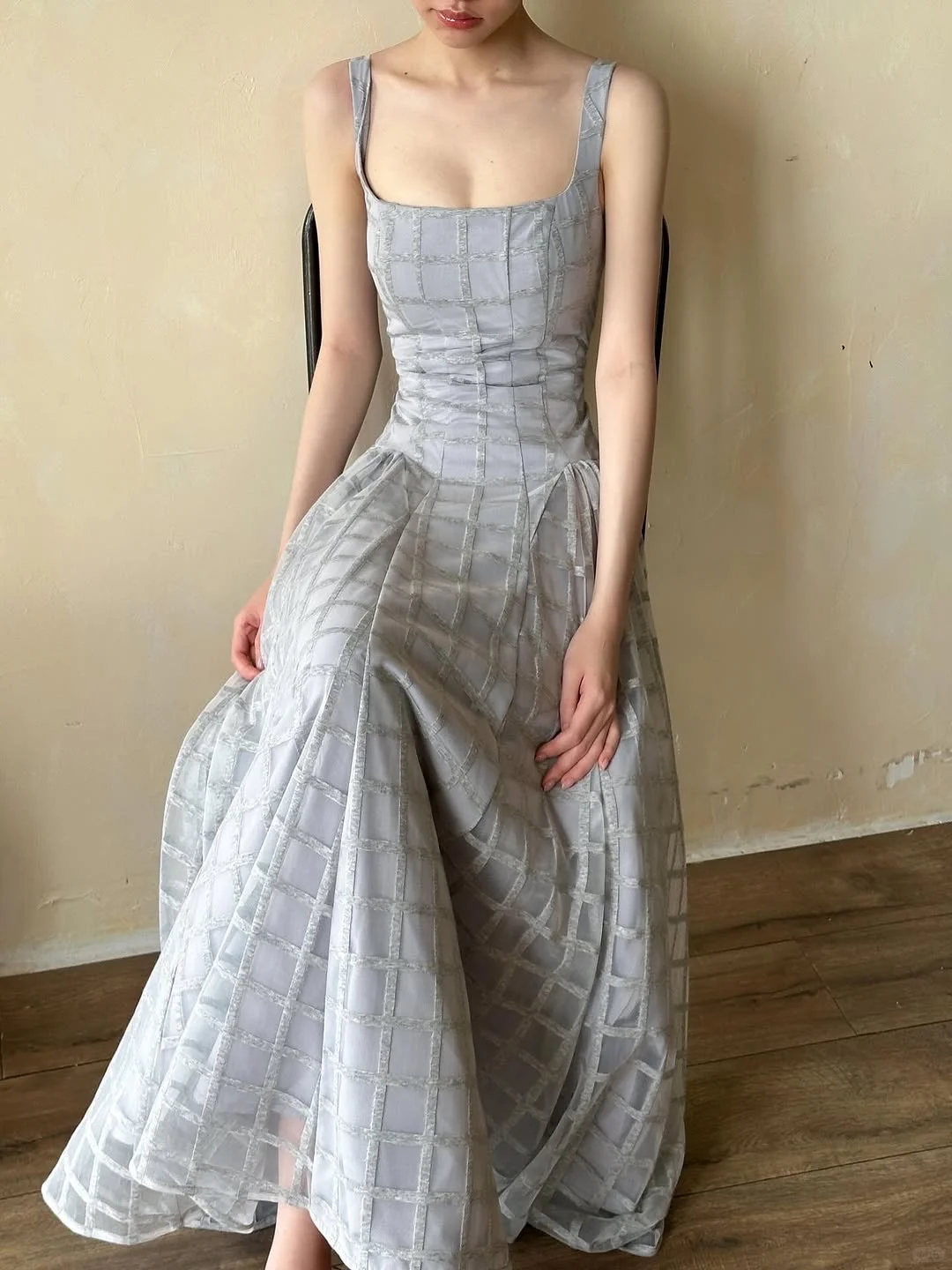 Grey A Line Strap Unique Tulle Long Prom Dress Party Dress Outfits DP4532
