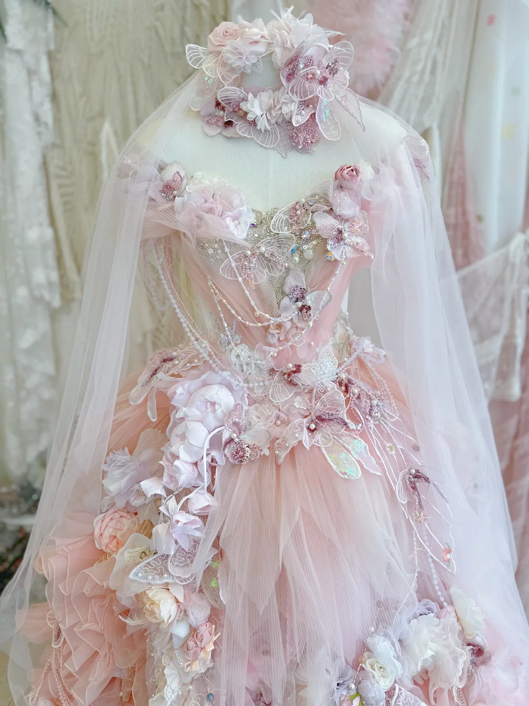 Pink Butterfly Floral Ball Gown Off the Shoulder Exquisite Beaded Tulle 16th Birthday Dress Prom Dress DP3814