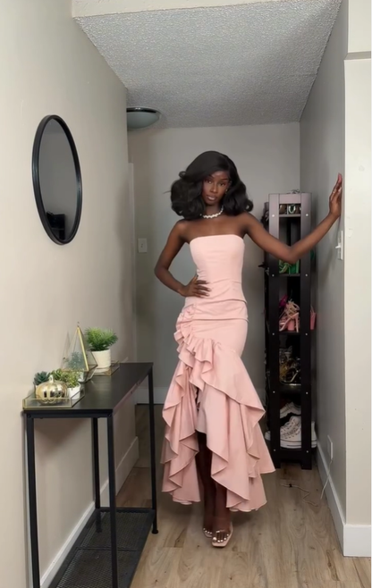 Pink Mermaid Strapless Ruffle Satin Long Prom Dress with Slit DP4367