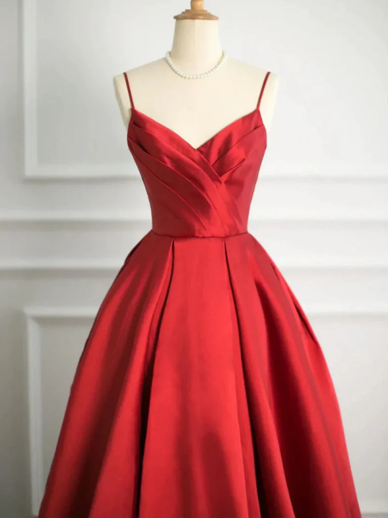 A Line V Neck Red Satin Long Prom Dresses Evening Dresses DP991