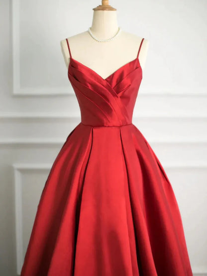 A Line V Neck Red Satin Long Prom Dresses Evening Dresses DP991