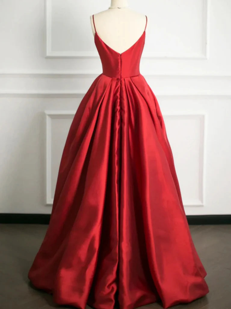 A Line V Neck Red Satin Long Prom Dresses Evening Dresses DP991