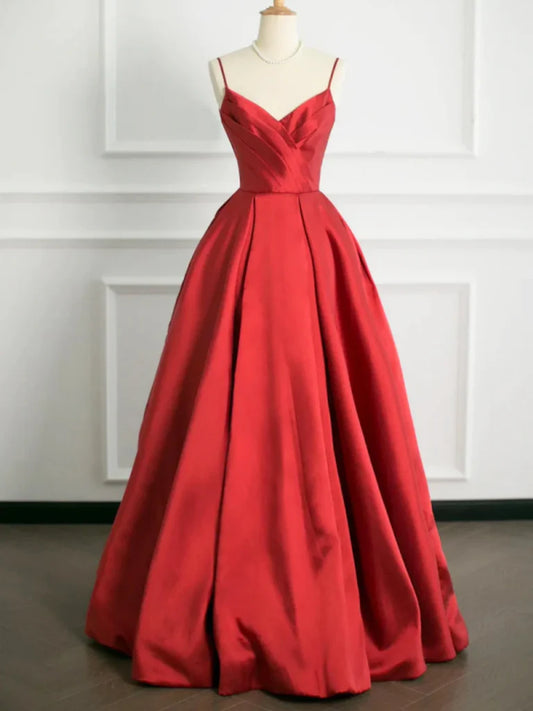 A Line V Neck Red Satin Long Prom Dresses Evening Dresses DP991