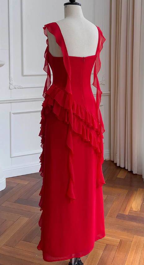 Charming Red Ruffle Chiffon Long Prom Dress Party Dress DP367