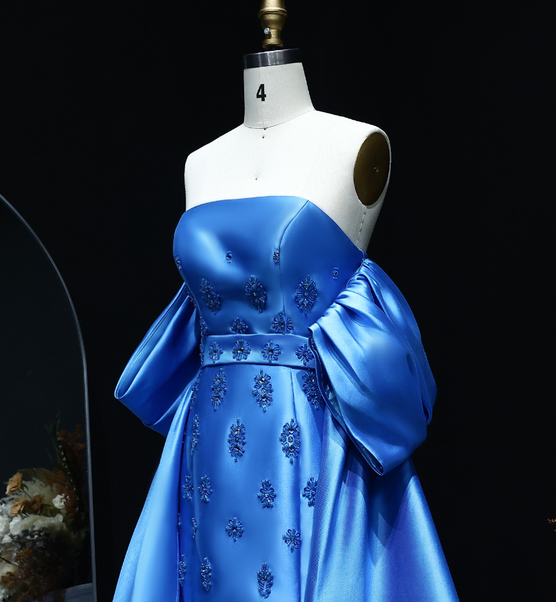 Elegant A Line Off the Shoulder Beaded Blue Satin Long Prom Dress Evening Dress DP1918