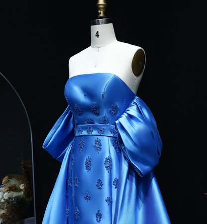 Elegant A Line Off the Shoulder Beaded Blue Satin Long Prom Dress Evening Dress DP1918
