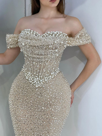 Glamorous Mermaid Off the Shoulder Beaded Pearl Champagne Tulle Prom Dress DP5734