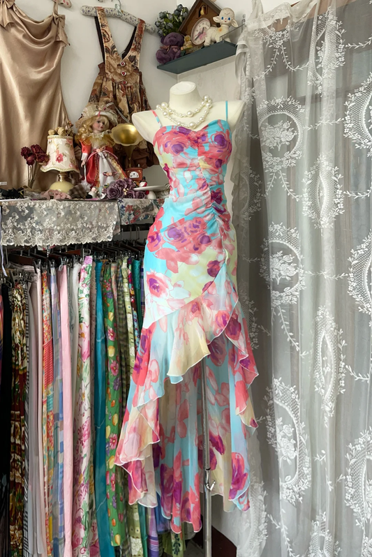 Vintage Mermaid Straps Multi-color Print Floral Chiffon Prom Dress DP4860