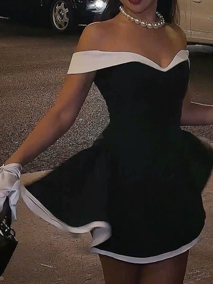 Classic Black-White A Line Off the Shoulder Satin Short Homecoming Outfits DP4260