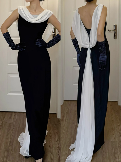 Retro Sheath Backless White Chiffon Black Satin Long Prom Dress Evening Dress DP6799