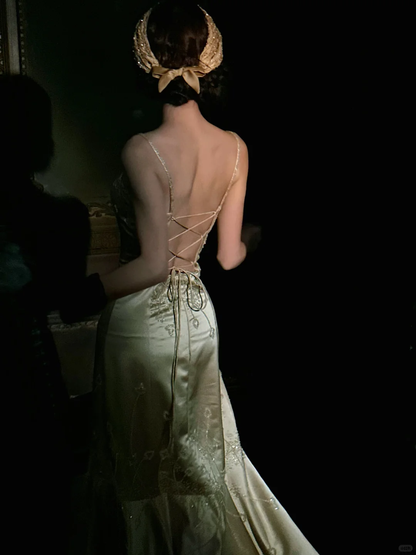Vintage Champagne Mermaid Spaghetti Strap Beaded Satin Open Back Prom Dress Evening Dress DP4779