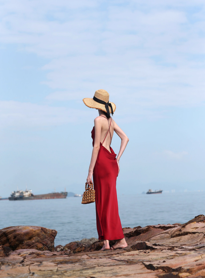 Elegant Sheath Spaghetti Strap Burgundy Satin Open Back Evening Dress Party Dress DP3403