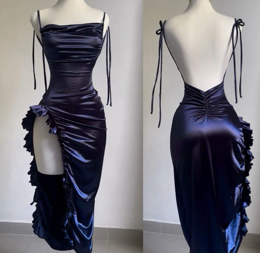 Fashion Navy Blue Slit Backless Ruffles Midi Length Party Dress DP504