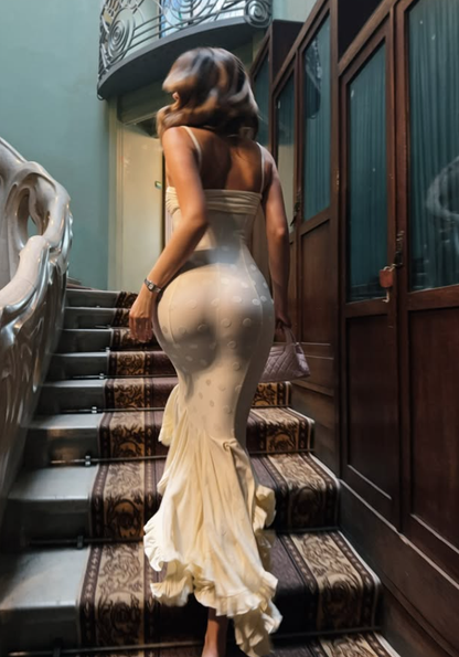 Beautiful Mermaid Spaghetti Strap Ivory Polka Dot Satin Prom Dress Evening Dress DP7822