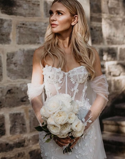 Elegant Mermaid Sweetheart Neck Appliques Tulle Long Wedding Dress DP1517
