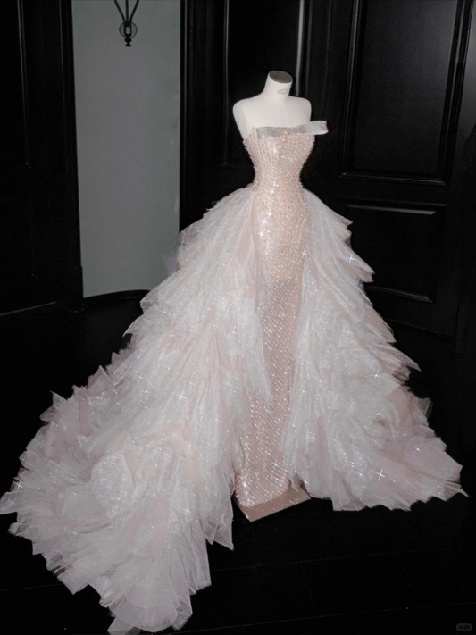 Champagne Sheath Strapless Beaded Sequin Tulle Long Prom Dress Evening Dress DP2656