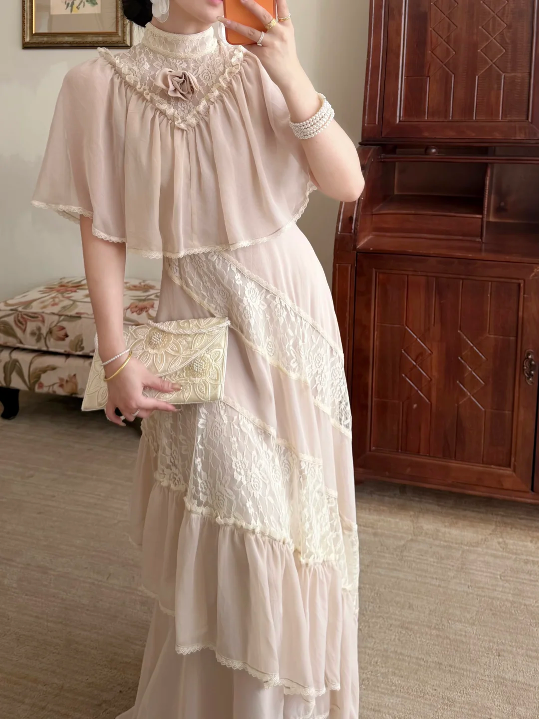 Vintage A Line High Neck Lace Chiffon Long Prom Dress Evening Dress DP6466